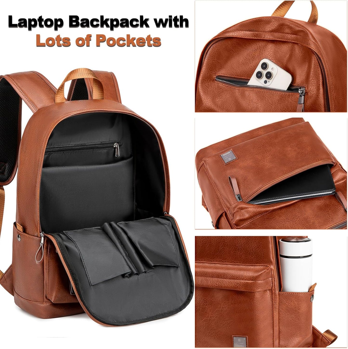 Pure Leather Laptop Backpack for Men Women Work, Lightweight School Backpack Bookbag for College Students, Waterproof Casual Daypack Travel
