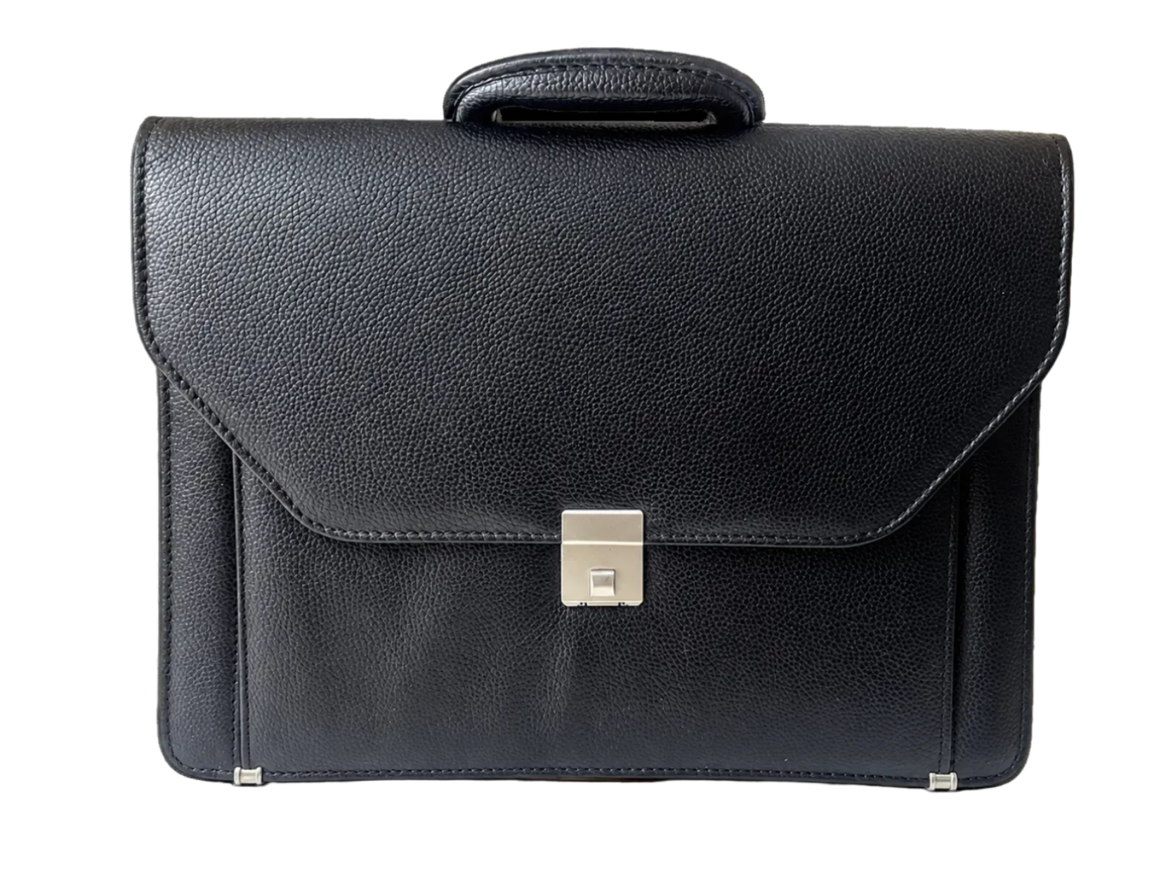 A black textured leather briefcase with a top handle and a silver metal clasp on the front flap, shown against a plain white background.