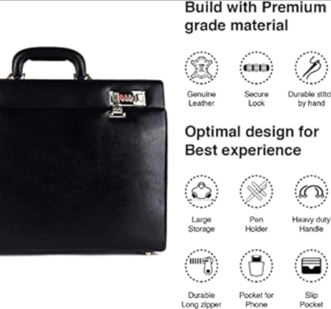 Premium leather Briefcase For Travel Office Bag with Dual Combination Lock Protection, Hand Bag for Men, Spacious Laptop Briefcase - Black