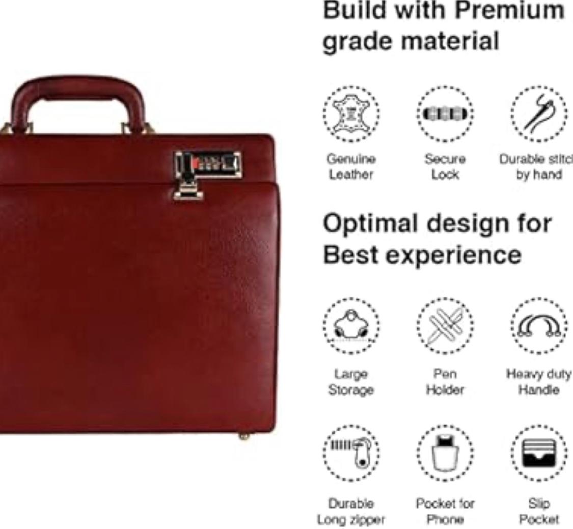 Premium leather Briefcase For Travel Office Bag with Dual Combination Lock Protection, Hand Bag for Men, Spacious Laptop Briefcase - Black
