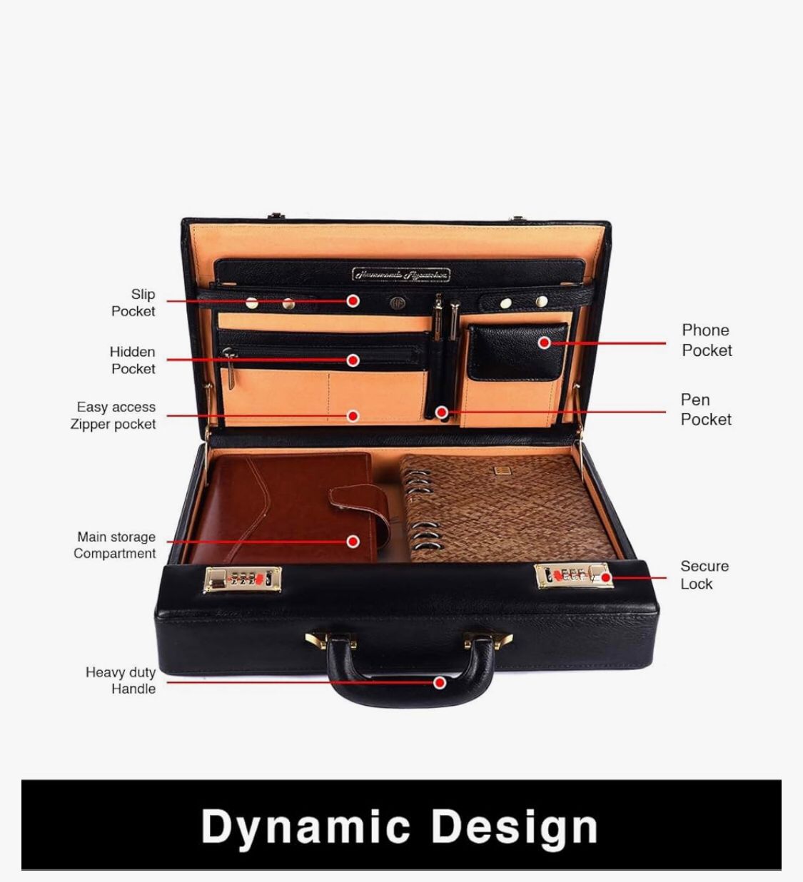 Premium leather Briefcase For Travel Office Bag with Dual Combination Lock Protection, Hand Bag for Men, Spacious Laptop Briefcase - Black