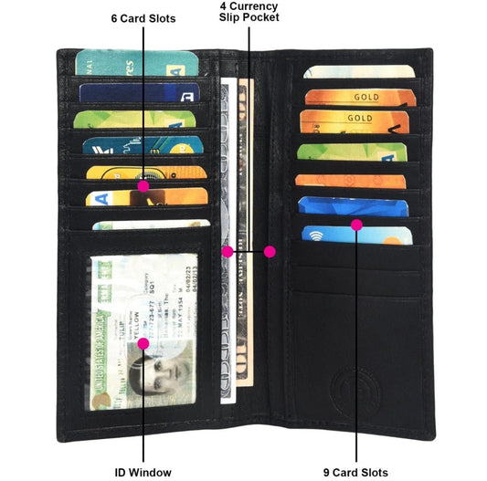 Men's Genuine Leather Long Bi-fold Wallet | Card Holder Clutch with Many Card Slots, ID Window, Cash & Check book Compartment (Black)